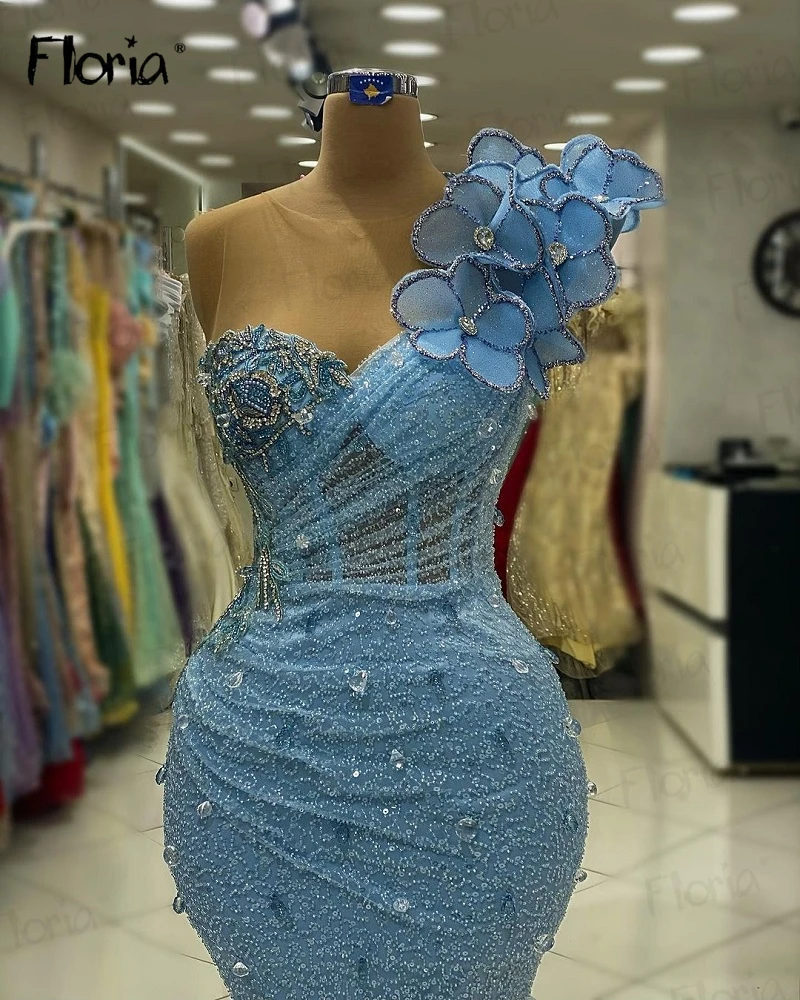 Haute Couture Blue Mermaid Party Dress Arabic One Shoulder Side Slit Beaded Long Celebrity Dresses for Wedding Custom Made