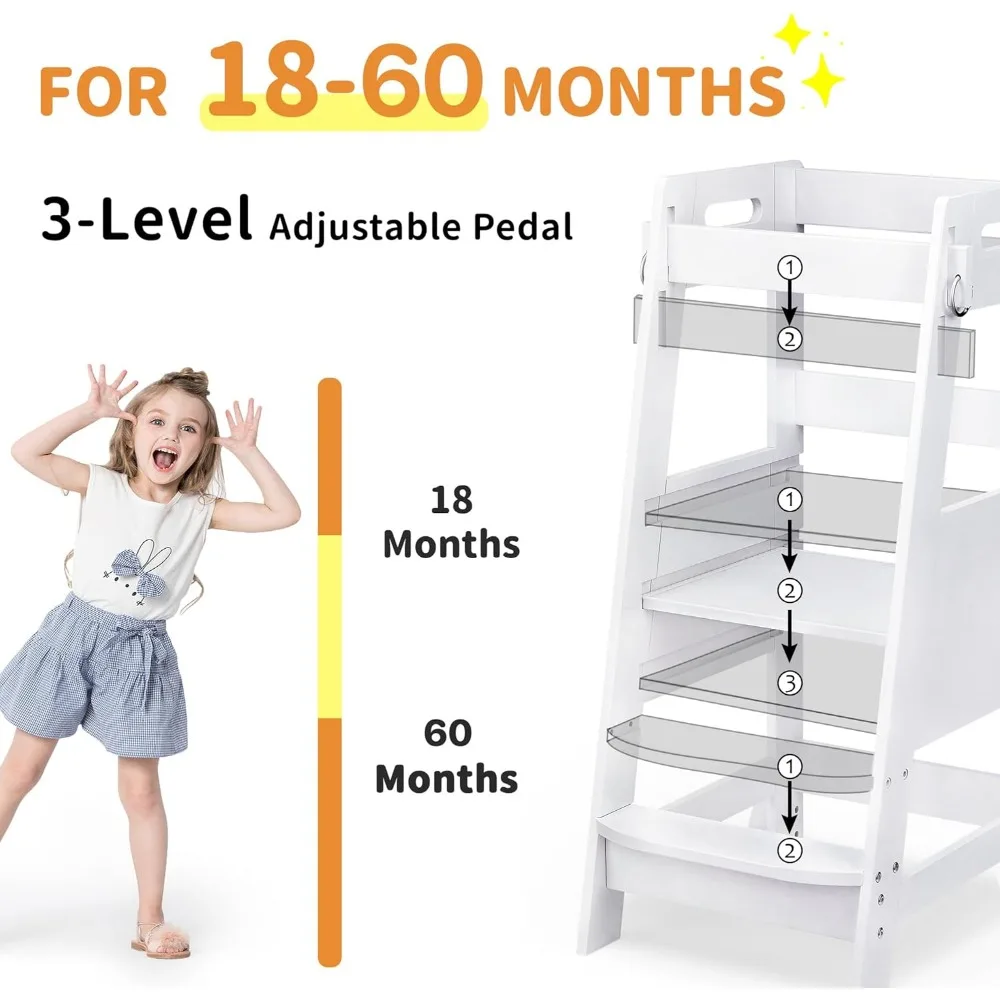 Bamboo Toddler Kitchen Step Stool White Helper Standing Tower Height Adjustable with Anti-Slip Protection