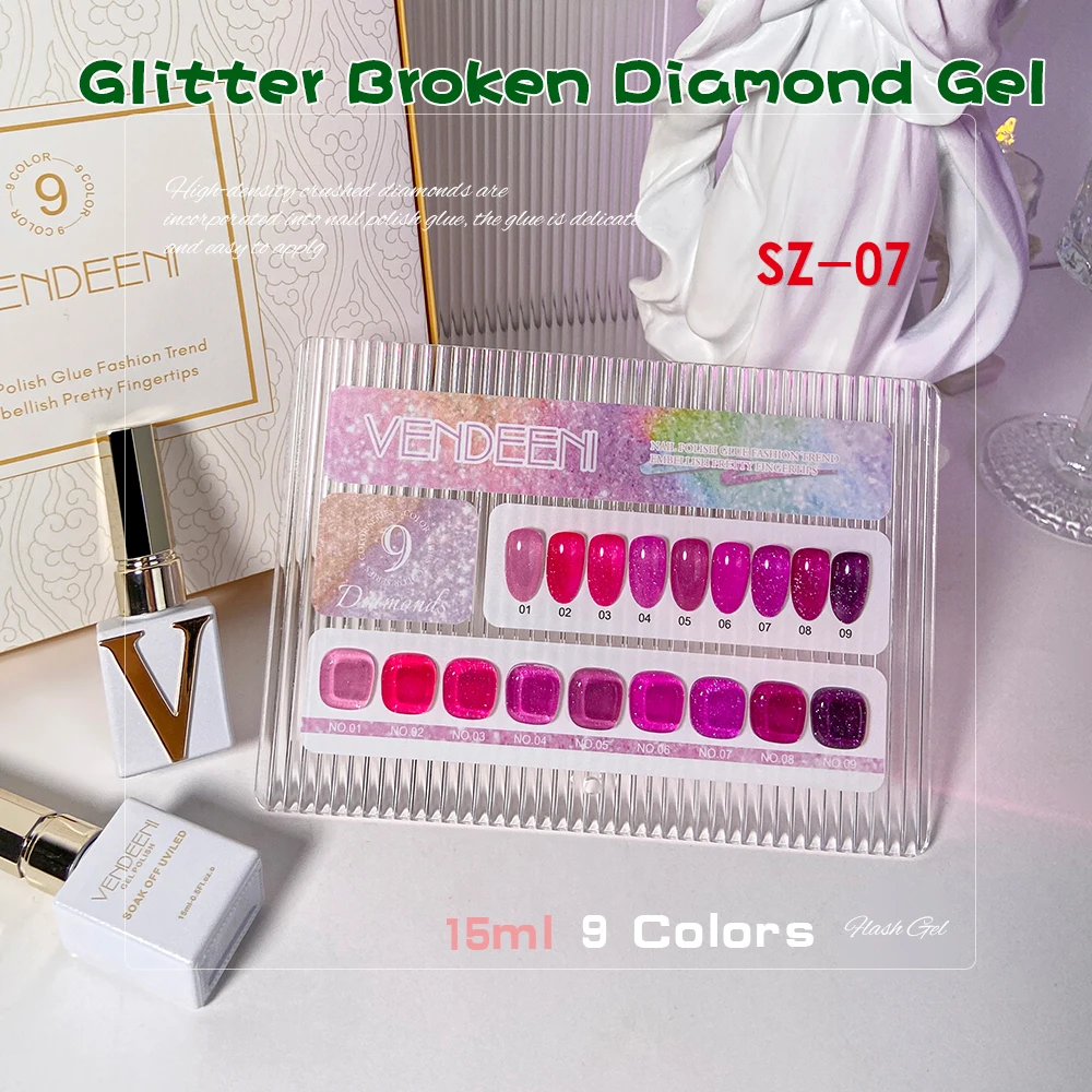 

Vendeeni 9 Colors Red Glitter Broken Diamond Gel Nail Polish Soak Off UV DIY Sparkling Pink Varnish For Manicure Nail Art