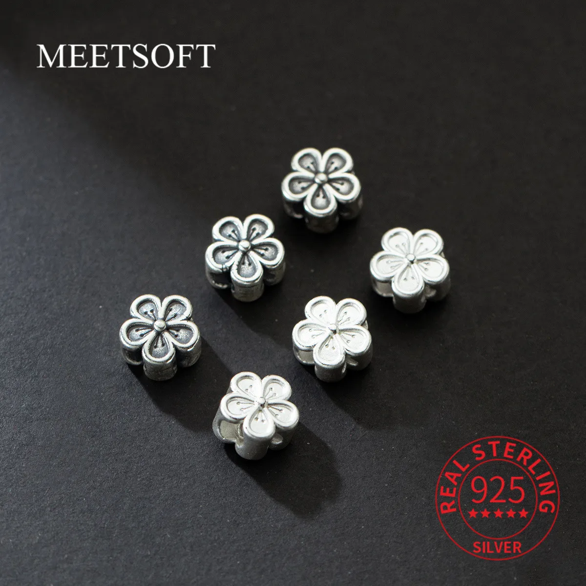 MEETSOFT S999 Sterling Silver 3D Hard Silver Distressed Flowers Beads Charms di accessori per bracciali fatti a mano fai da te all'ingrosso