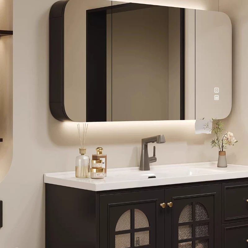 

Ceramic Integrated Basin Bathroom Cabinet Combination French Light Luxury Oak Paint Light Luxury Bathroom Cabinet