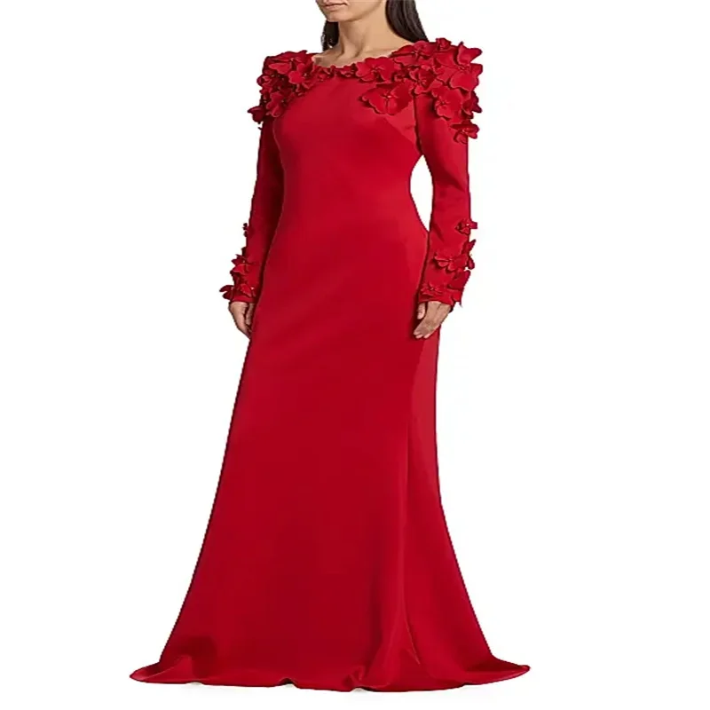 

Evening Dress Mermaid Customized Long Sleeves Round Neck 3D Flowers Sweep Train Arabian Party Dresses Saudi Prom Gown
