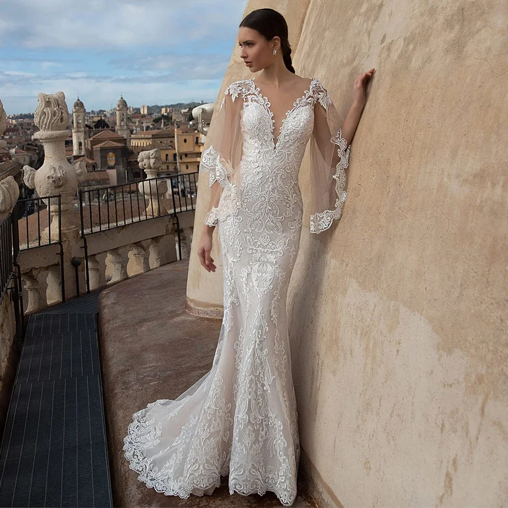 

Свадебное платье с глубоким V-образным вырезом и расклешенными рукавами в стиле бохо, сексуальное свадебное платье-русалка с иллюзионными аппликациями и пуговицами, Abiti Da Sposa