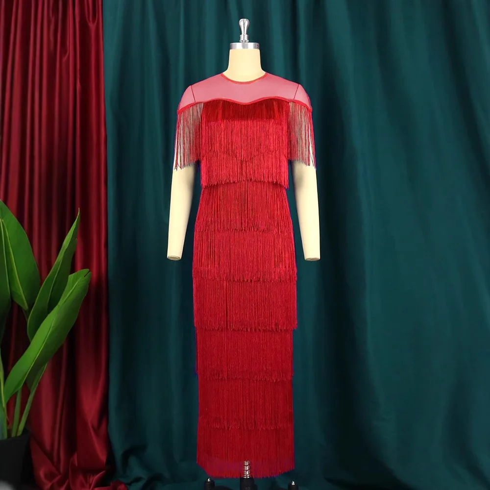 Mesh-Patchwork-Quastenkleid mit hoher Taille, Übergröße, schmal geschnitten, lässig, figurbetont, für Geburtstagsfeiern und Abendveranstaltungen