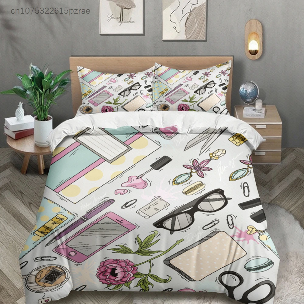 3pcs Fashion Bedding Sets 3D Printed Stationery And Flowers Duvet Cover Sets With Pillowcases No Filling