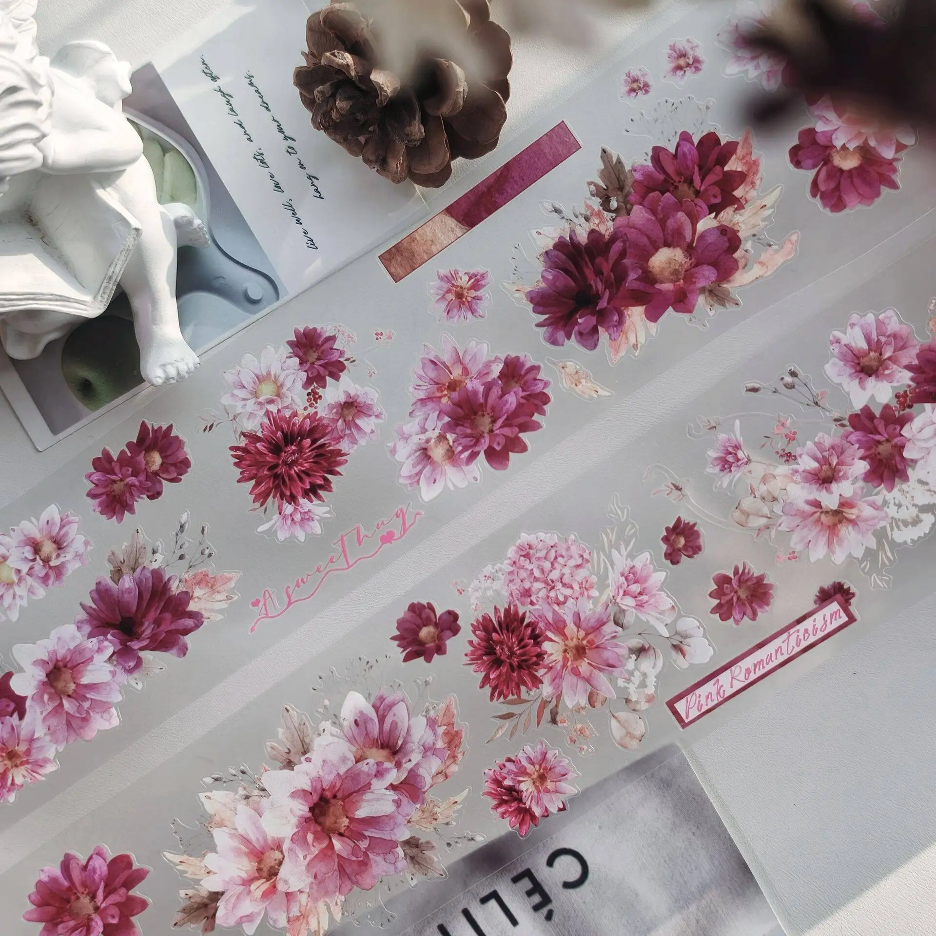 

Washi Pet Tape Roll [Pink Flocculent Notes] Pre Cut Journal Sticker, Light Retro Sweet Pink Color