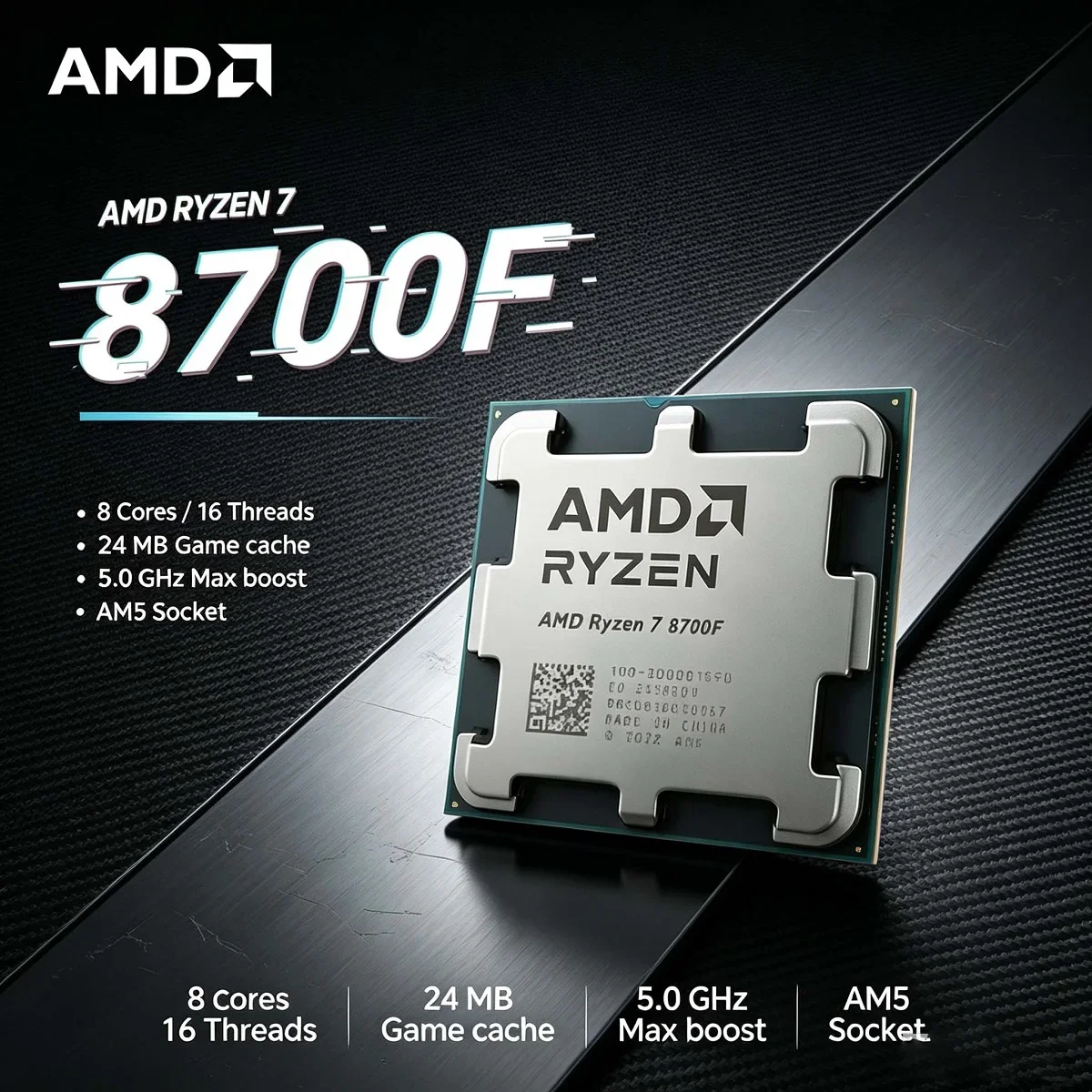 Processeur AMD R7 8700F Ryzen 7 8700F CPU 4,1 GHz 8 cœurs 16 threads 65 W L3=16 Mo DDR5 PCIe 4.0 Socket AM5 sans ventilateur