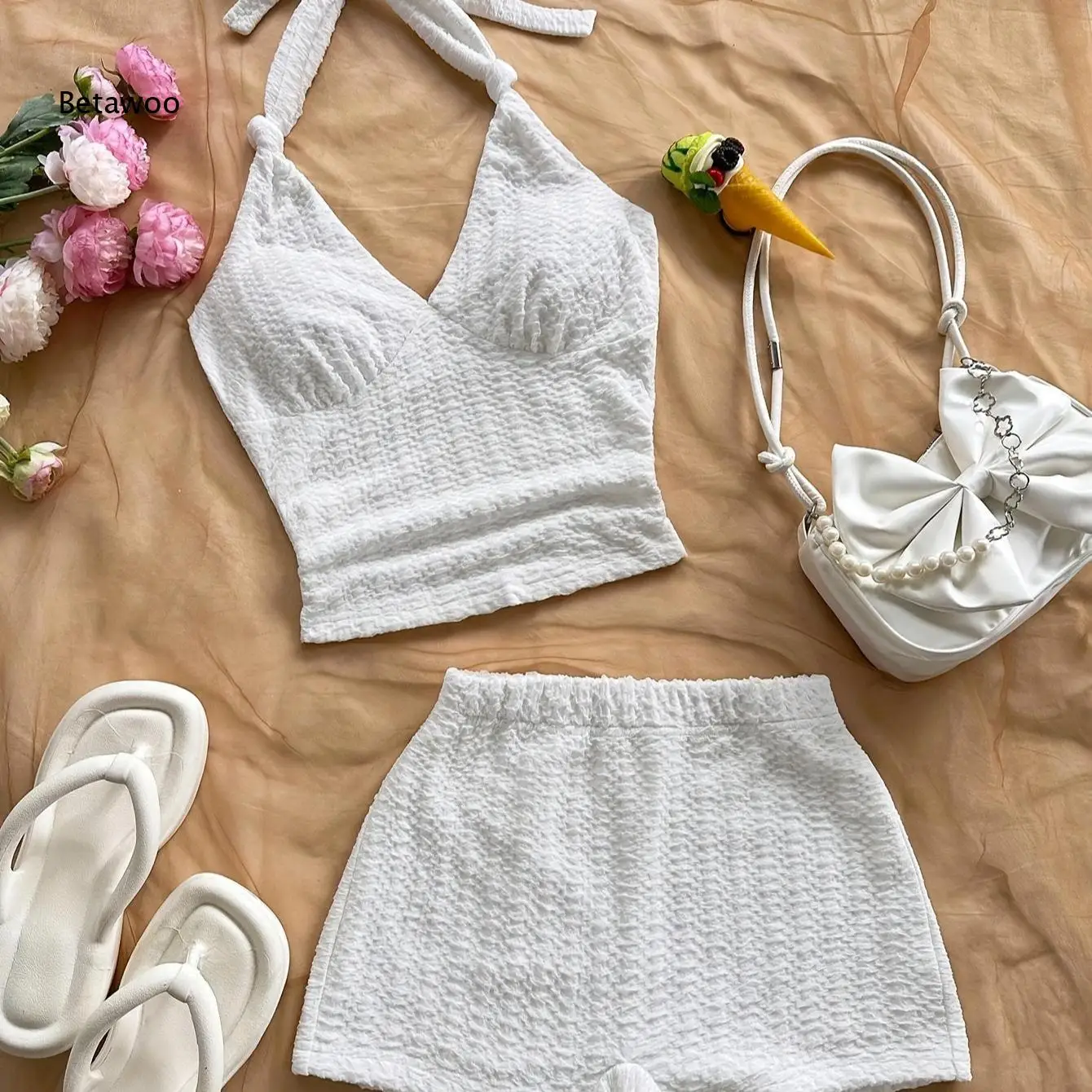 Summer White Bubble Texture Halter Tie Back Two Piece Outfit