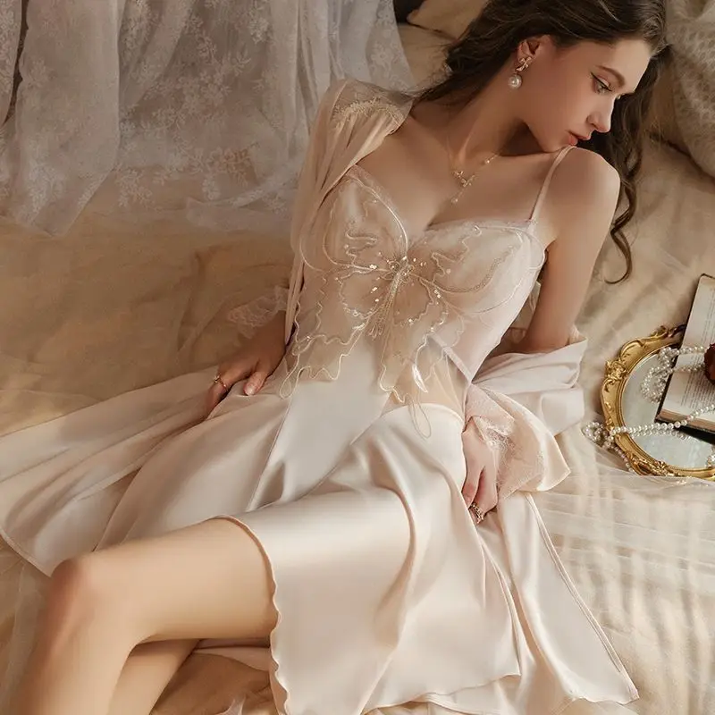 

Женские пижамные комплекты: сексуальные кружевные ночные сорочки с V-образным вырезом, домашняя одежда, роскошный халат, ночная рубашка, 2 предмета, домашняя одежда для женщин