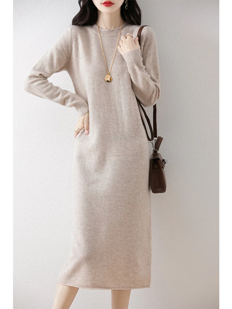 

Autumn Winter New Arrivals Women 100% Merino Wool Knitwear Pullover Dress Soild Color O-neck Loose Soft Long Sleeve Skirts