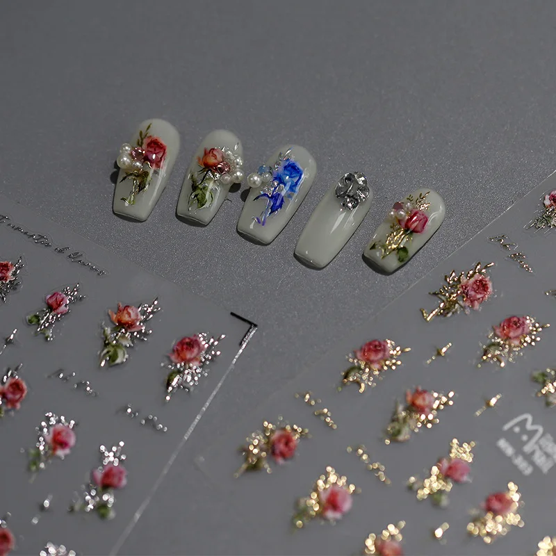 

New Bronzing Red And Blue Rose Flower Adhesive Nail Art Sticker Gold Silver Design Decoration For Decals DIY Manicure TS-MN-303