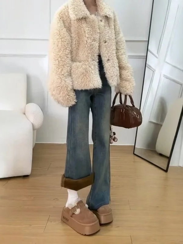 

High Waist Fleece Lined Thickened Wide Leg Jeans Women's Autumn Winter New Style plus Size Loose Slimming Flared Jeans