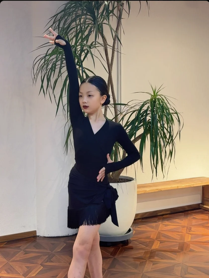 Kind Latin Dance Kleid Kostüm für Mädchen Aushöhlen Tops Fransen Rock Anzug Samba Rumba Praxis Leistung Dancewear Kleidung