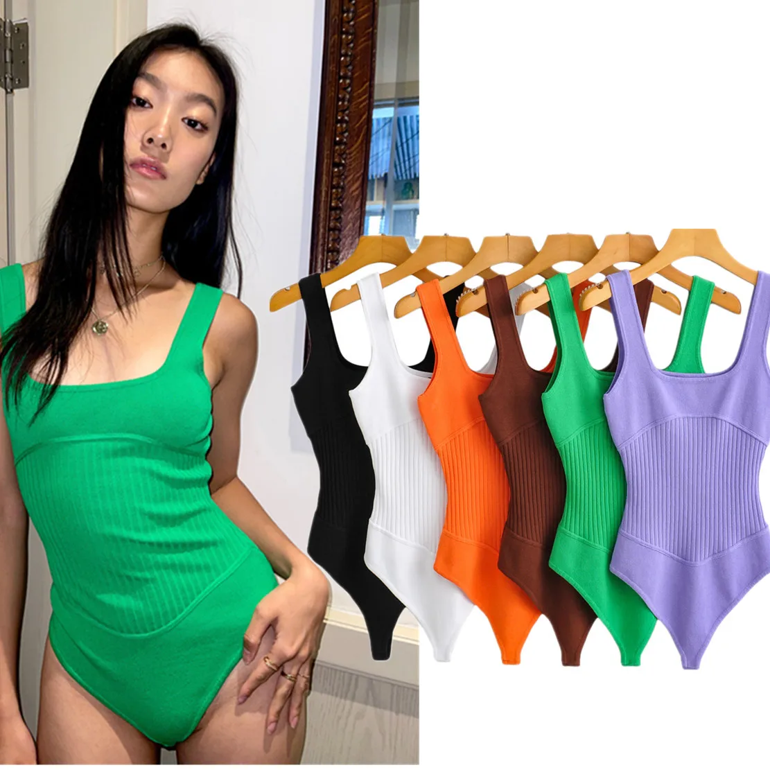 

Dave&Di French Style High Street Vintage Square Collar Corloful Sexy Knitted Tops Tshirts Sheath Bodysuits Women