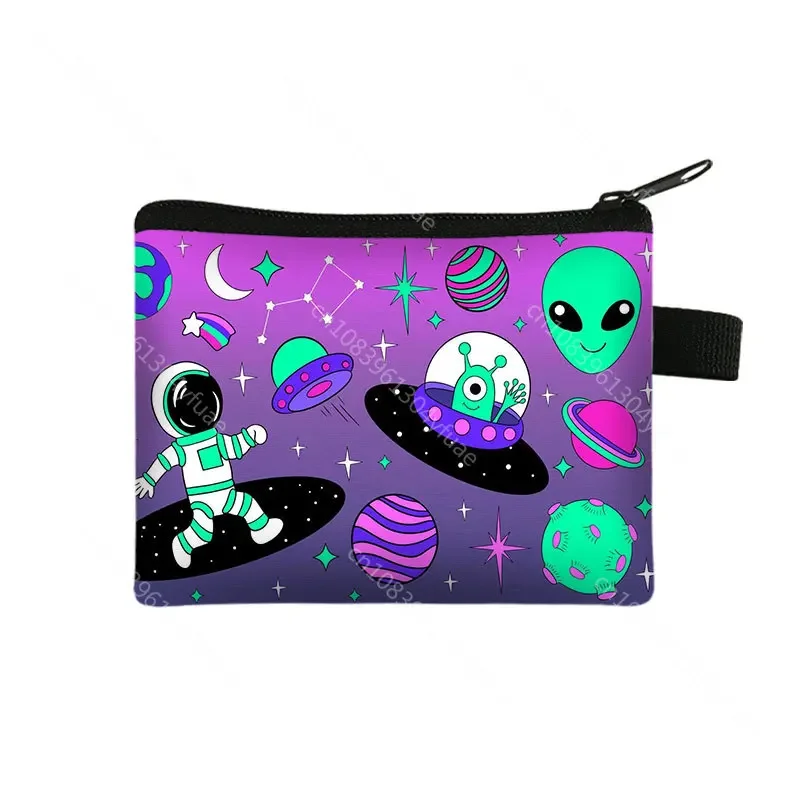 Alien UFO Print Coin Purse Astronaut Universe Wallet Galaxy Planet Coin Zipper Pouch Cute Credit Card Money Bag Small Wallets