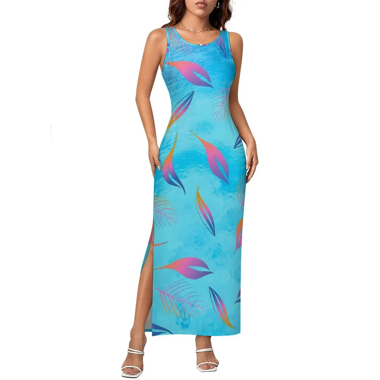 Femme robe feuille colorée bleu et rose mode robe moulante vacances sans manches mignon Maxi robes graphique vêtements surdimensionnés