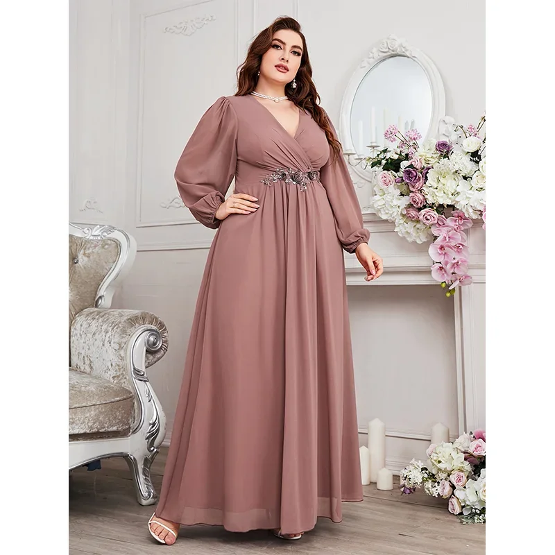 S-7xl V-Neck Pink Chiffon Long-Sleeved Evening Dress 4xl5xl Wedding Bridesmaid Chiffon Maxi Dress For Women