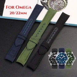 20mm 22mm Curved End Nylon Canvas Leather Watch Strap for Omega Planet Ocean Seamaster 300 Belt Men Women WatchBand Accessories