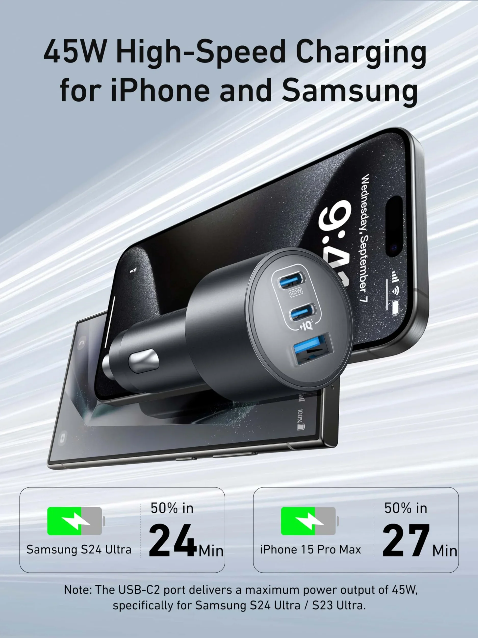 شاحن سيارة Anker-us ، شاحن سيارة سريع 3 منافذ W Max ، MacBook Pro ، Air ، iPhone 15 ، 14 ، 13 S24 ، S23