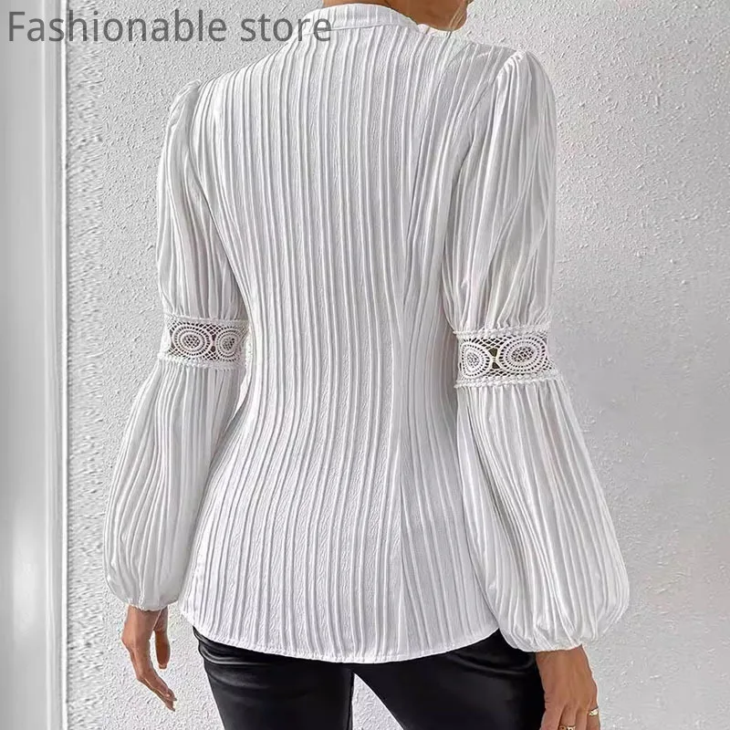 Women Casual Solid Color Lantern Sleeve Hollow Out Lace Patchwork Shirt Blouse