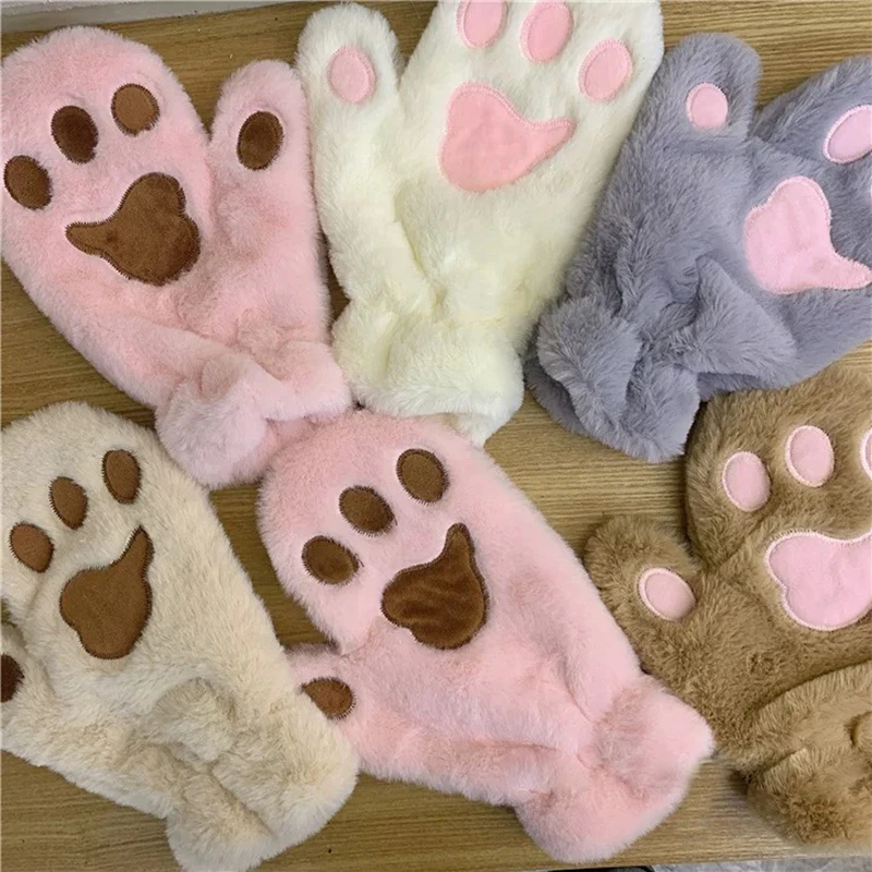 Kawaii Women Cat Bear Gloves Fashion Girls Cat Claw Paw Plush Mittens Warm Soft Plush Full Finger Fluffy Winter Gloves Costume