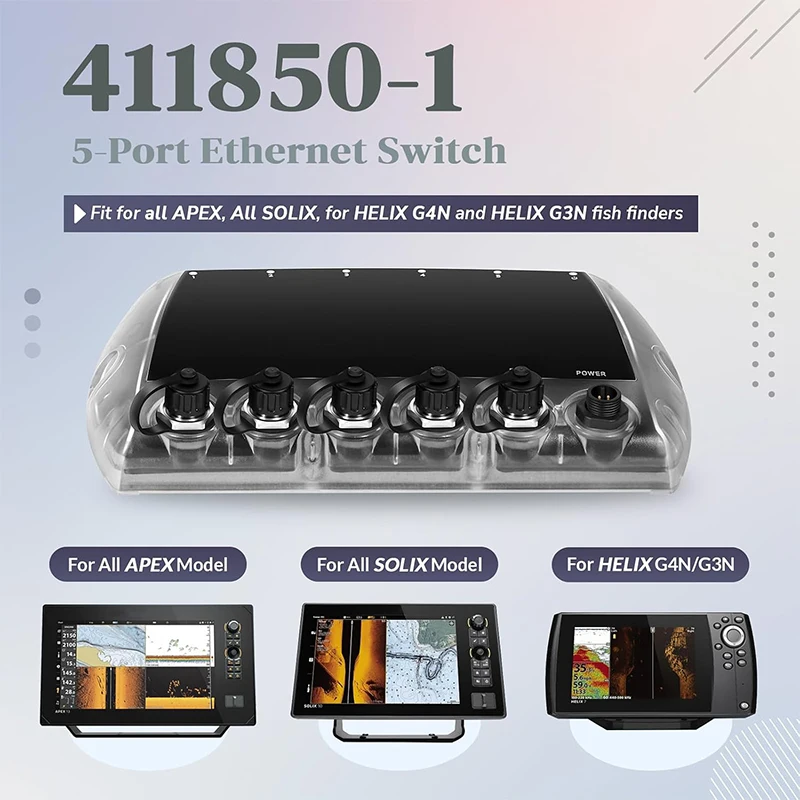 5 Port Ethernet Switch 411850-1 AS ETH 5PGL & 5 Foot Ethernet Cable 720073-6 AS EC 5E for Humminbird, for APEX SOLIX Helix G4N