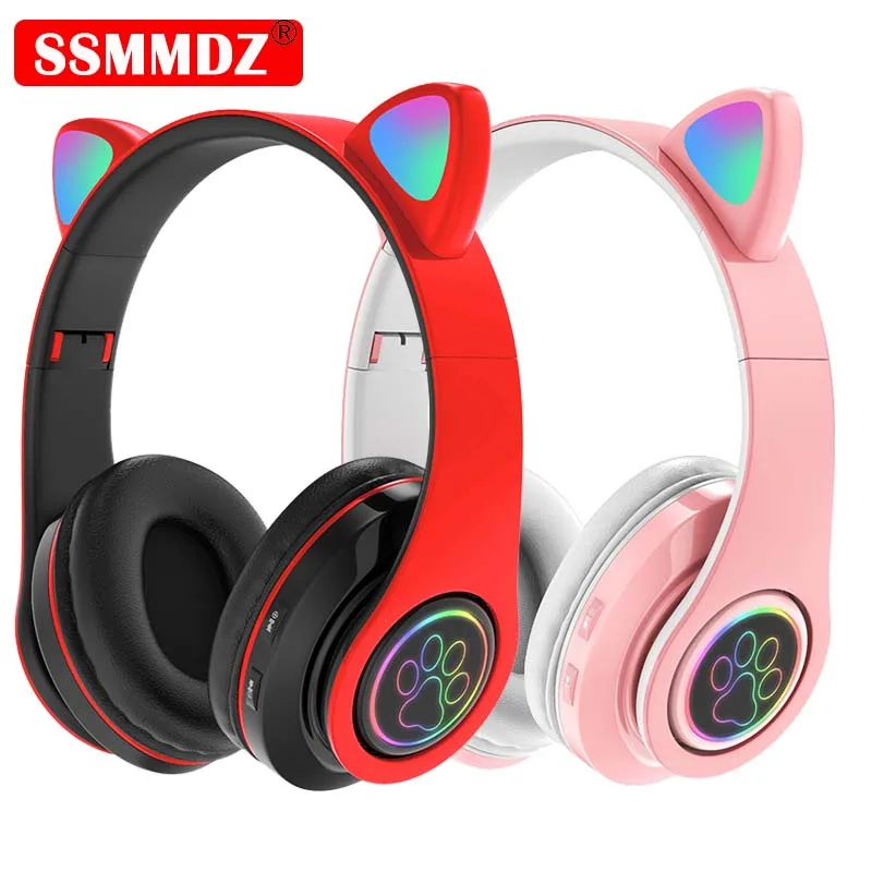 Cute Cat Ears Wireless Headphones with LED Flash Light RGB Breathing Gaming Earbuds Stereo HIFI Bass Foldable Bluetooth Earphone