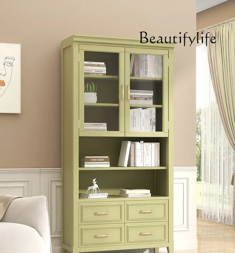 Pastoral Mustard Green High Cabinet Magazine Cabinet Minimalist Style TV Wall Standing Cabinet Against Wall Locker with Door