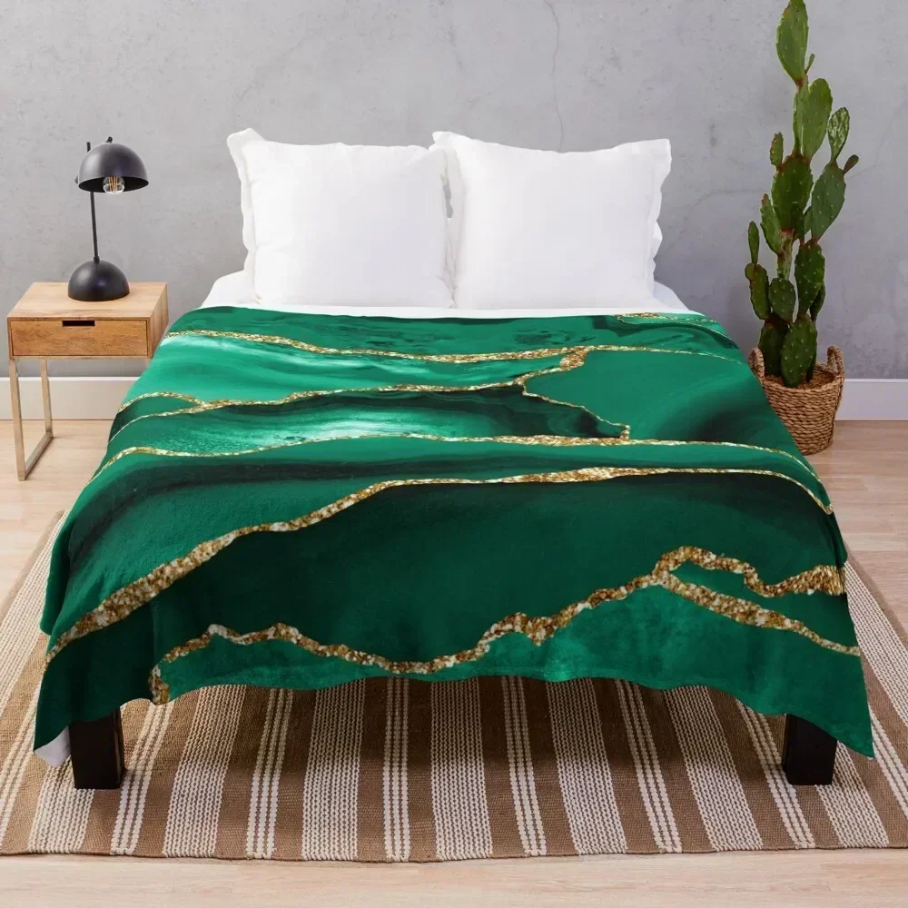 

Emerald Green Malachite Faux Marble With Gold Glitter Throw Blanket Luxurious Soft Fuzzy Blanket for Sofa Bed