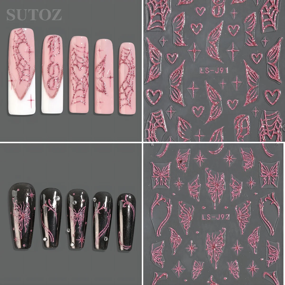 Rosa Glitzer Nail Art Aufkleber schimmern Herz Spinnennetz y2k Nagel Aufkleber 3d Schmetterling selbst klebende Abziehbilder DIY Nagel liefert LS-J91