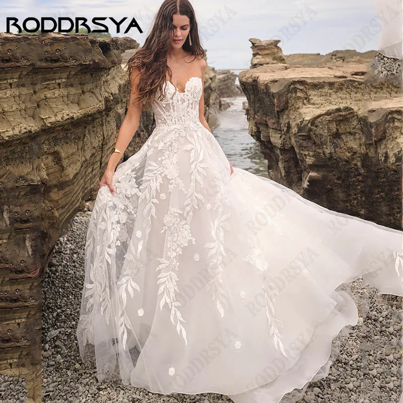 RODDRSYA abito da sposa con applicazioni in Tulle senza maniche per donna Boho Sweetheart a-line abito da sposa Backless Vestido Noiva Custom Made Abito da sposa senza maniche in tulle con applicazioni per le donne Boh