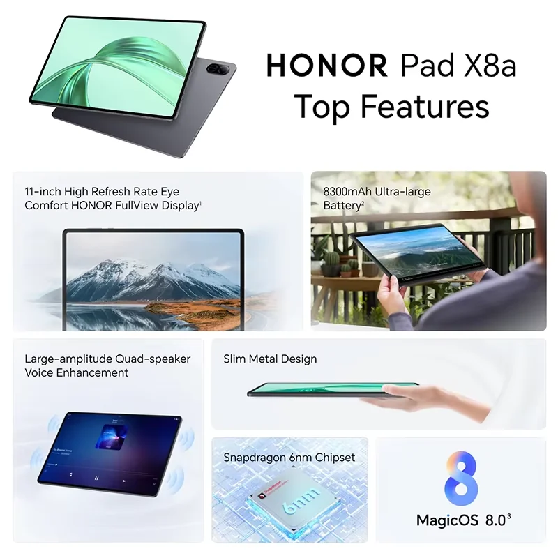 Global Version HONOR Pad X8a 11inch High Refresh Rate Eye Comfort 8300mAh Battery Large-amplitude Quad-speaker Voice Enhancement