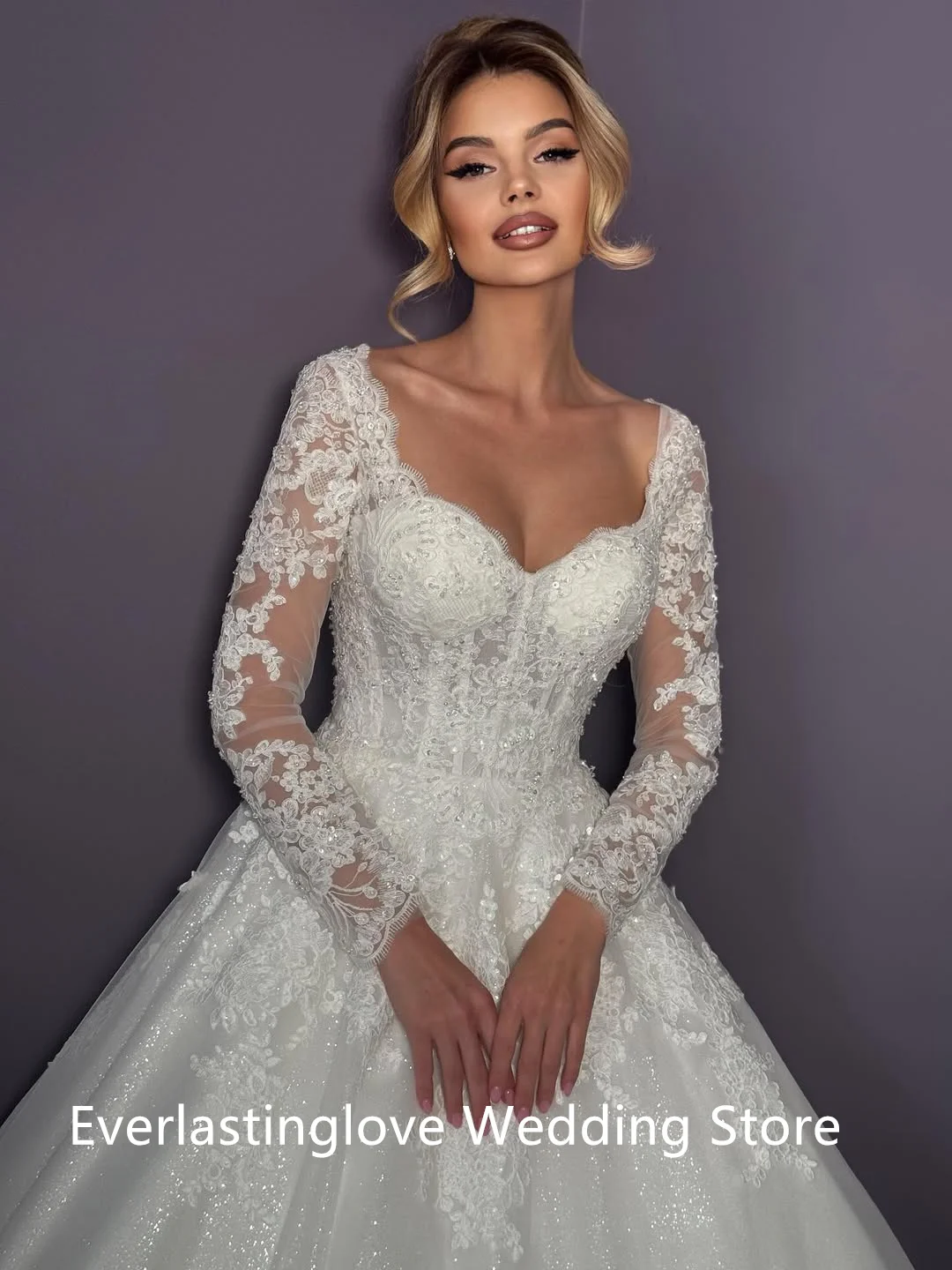 فساتين زفاف ساحرة مكشوفة الكتف وأكمام طويلة على شكل قلب مزينة بالدانتيل 2026 Vestido De Noival