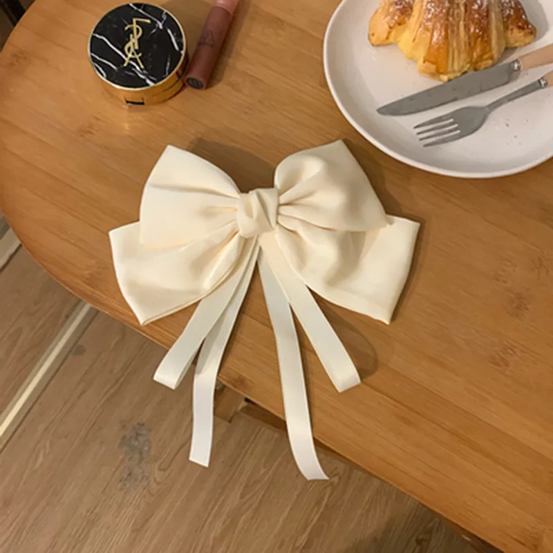 Summer Huge Bow Hair Clip Long Streamer Duck Billed Clip White Large Bowknot Satin Hairpin Elegant And Sweet Hair Accessory