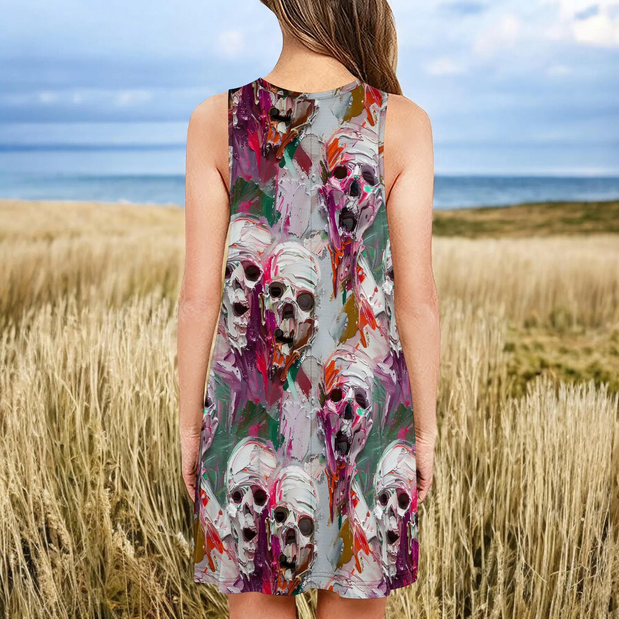 Mini abito estivo da donna senza maniche con stampa teschio Boho con tasche per appuntamenti, shopping, feste