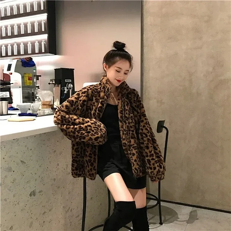 Women Vintage Leopard Stand Collar Zipper Outwear 2023 Winter Jacket Lady Loose oversized Fuzzy Coats Female Casual Streetwear