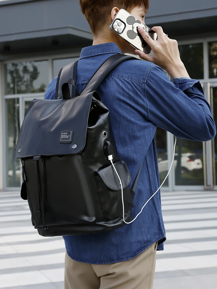 حقيبة ظهر رجالية عصرية من الجلد الناعم بسعة كبيرة، حقيبة لابتوب 6 بوصة، حقيبة كتب أنيقة لطلاب المدارس الثانوية والجامعات