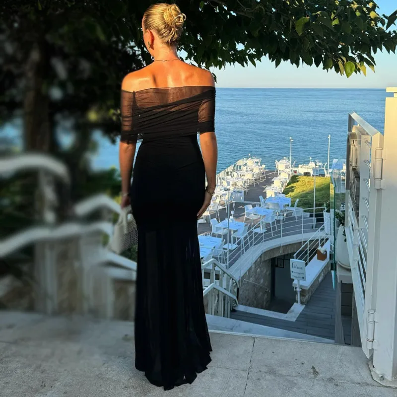 Elegant Off Shoulder Backless Sexy Maxi Dress Women Fashion Mesh Strapless Sleeveless Bodycon Long Dresses 2024 New Party Gown