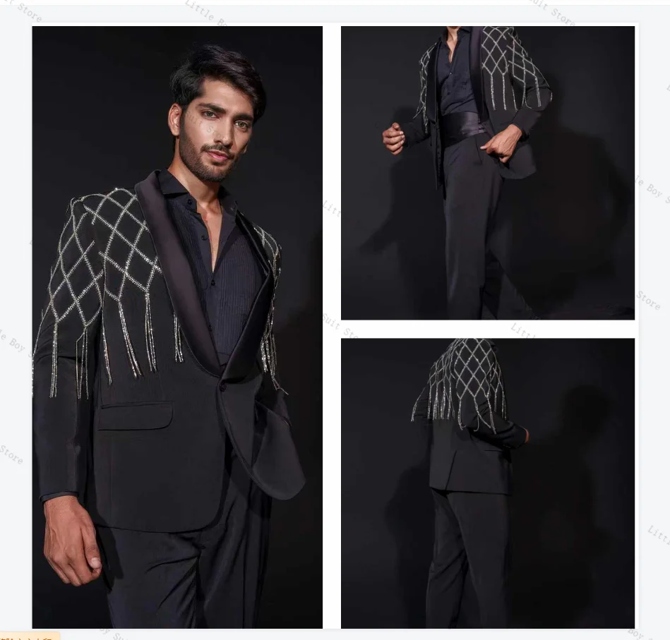

Black Crystals Men Suit Set 2 Piece Jacket Blazer Pant Beading Wedding Tuxedos Formal Office Business Party Prom Coat Customized