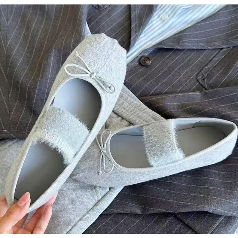 

Designer Elastic Fur Band Ballets Shoes Woman Bowtie Furry Flats Shoes Ladies Mary Janes Square Round Toe Soft Loafers