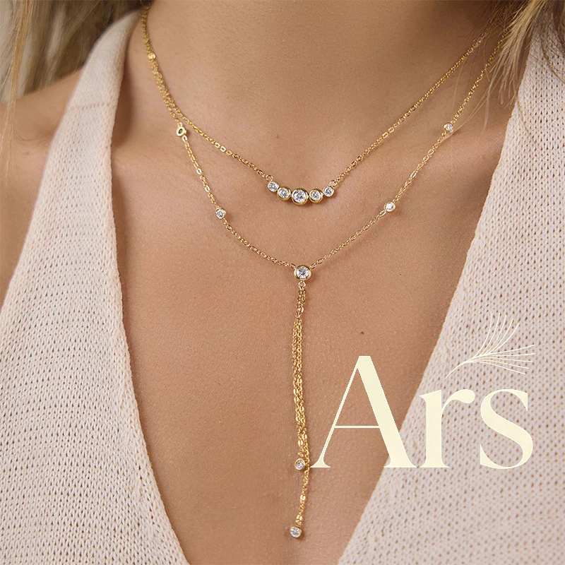 Ars Stainless Steel Double Chains Necklace 18k Gold Plated Y Necklaces Long Tassel Necklace Women's Zircon Layered Necklaces