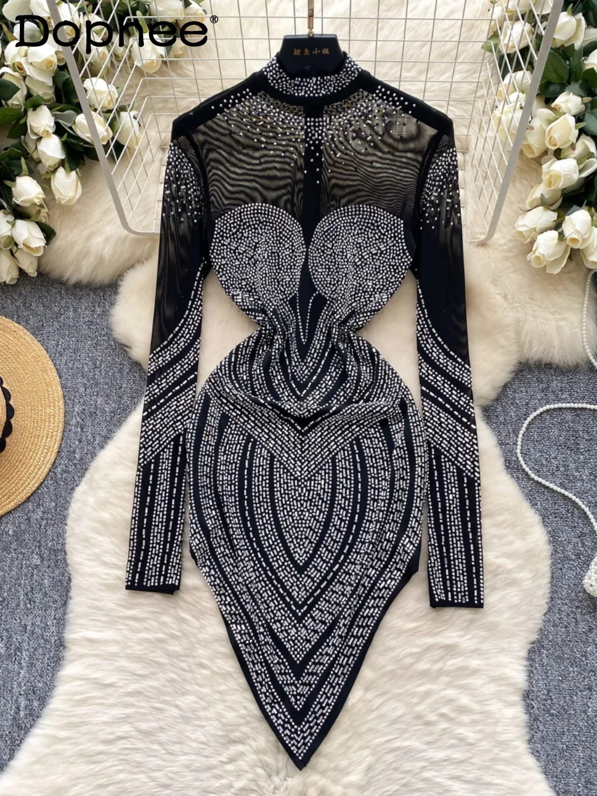 

Celebrity High-end Semi-turtleneck Dress Women's Spring Mesh Hot Diamond Slim-fitting Light Luxury Temperament Short Dress