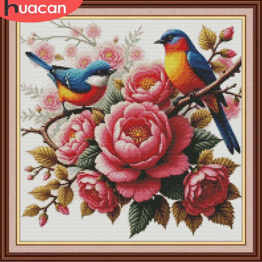 HUACAN-Conjuntos de costura cruzada, bordado de animales y pájaros, peonía, flor, Hobby, manualidades, hilos Dmc, imagen de 11Ct, decoración de lienzo impresa