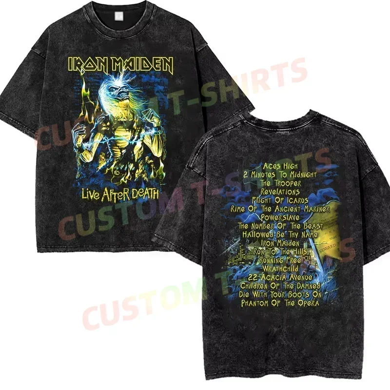 

2025 Summer Vintage Cotton Washed Irons Live After Death T-Shirt Black By Maiden's Loose T Shirts Men Y2K Hip Hop Top Tee