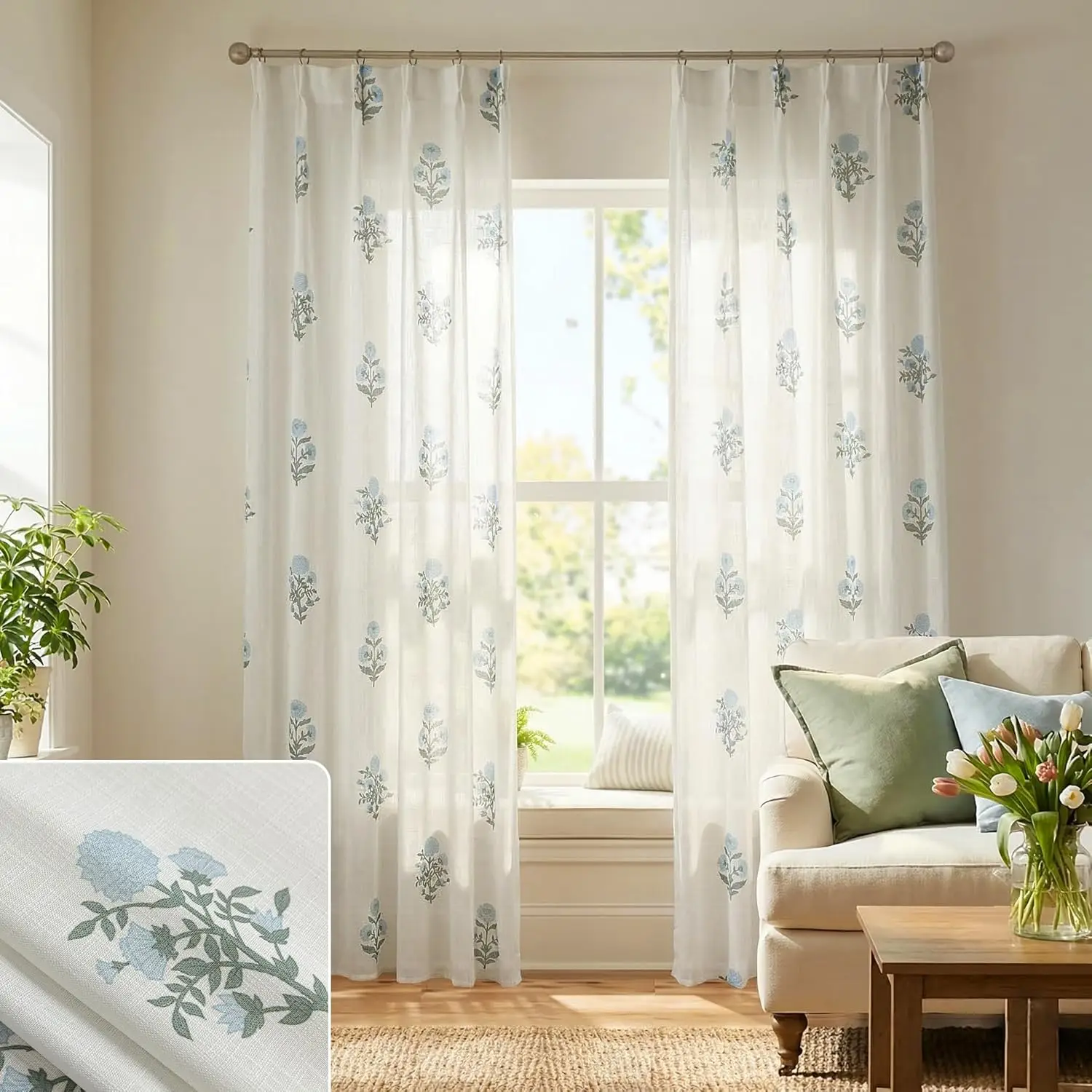 

Декоративные шторы с плиссировкой и цветочным узором, полупрозрачные драпировки от пола до потолка 108 дюймов, высококачественные льняные шторы с двойной плиссировкой и узором