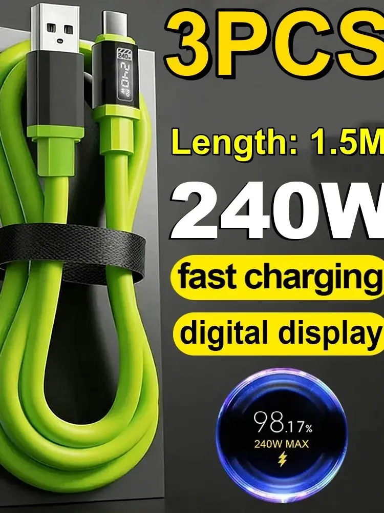 1/3 SZT. Kabel USB Typ C z Wyświetlaczem LED 240W do Szybkiego Ładowania PD, Ładowarka do Telefonu iPhone Samsung Xiaomi Huawei, Przewód USB C do C — 2