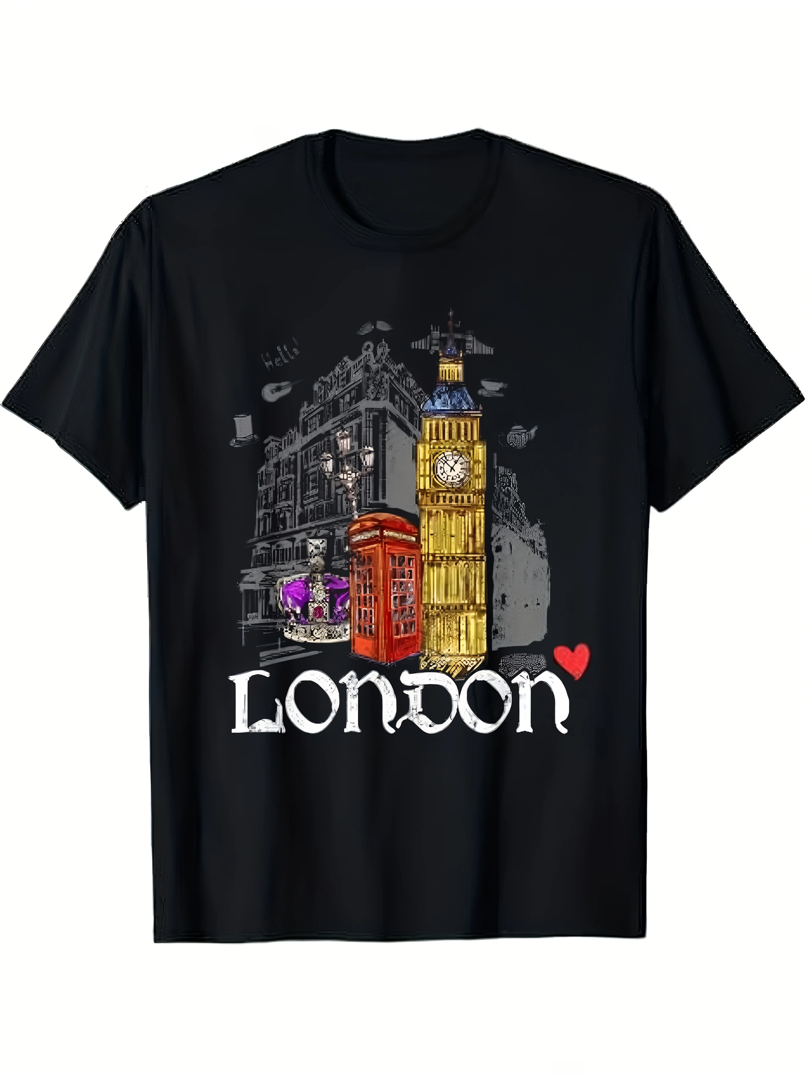 1pc, a Black Casual T-Shirt Featuring Iconic Designs of Big Ben, a Red Bus, And a Telephone Booth, Making It The Perfect Gift fo
