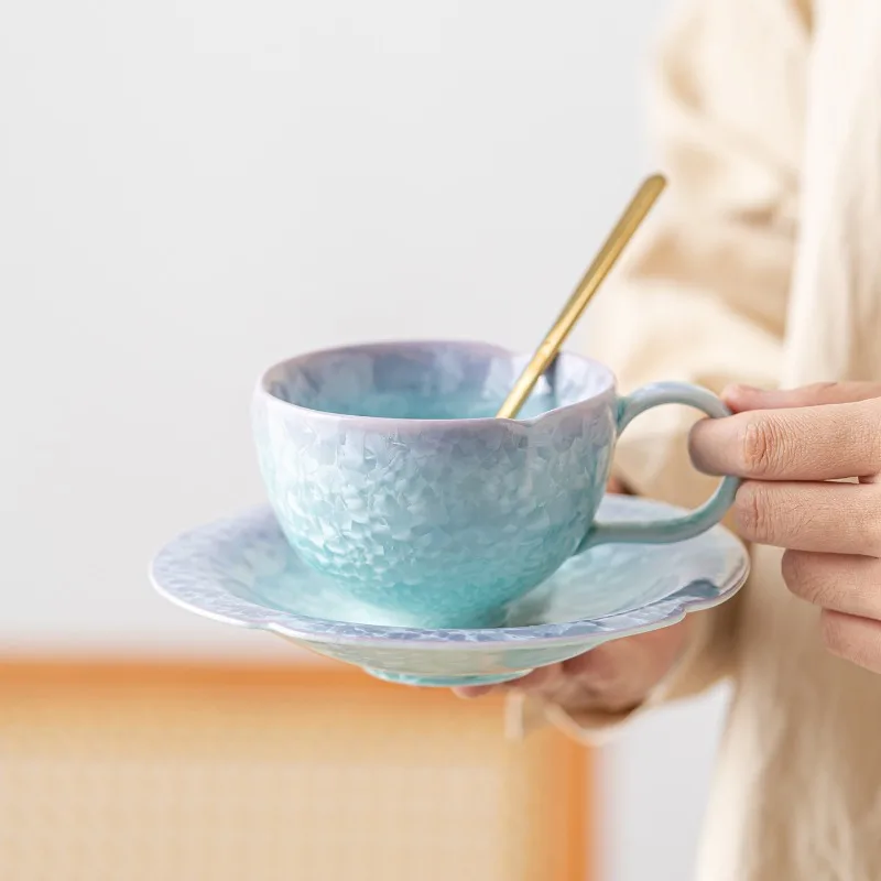 

Pine Needle Crystal Glaze Purple-blue Kiln-changed Ceramic Coffee Cup, Home Afternoon Tea Flower Mouth Cup