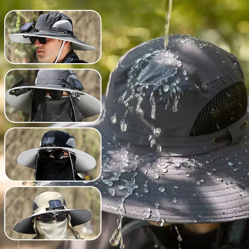 Solar Fan Fisherman Hat Outdoor Big Brim Sunscreen Large Men Fishing Quick-dry Mute Wind Cap 2 Fan Hats Solar Rechargeable D1p1