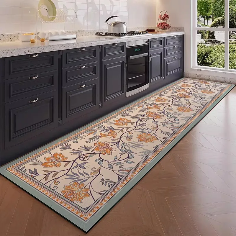 Kitchen Rug Long Size Carpet PVC Leather Waterproof Mat Vintage Floral Carpets Oil-proof Non-slip American Style Home Decor Rugs